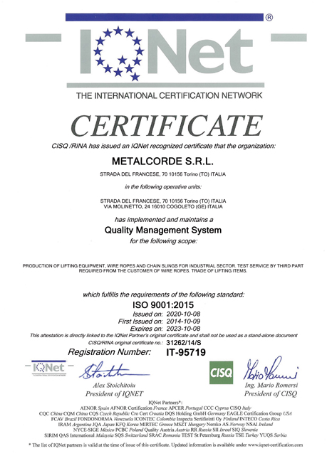 certificazione IQNet rilasciata a Metalcorde srl per l'attuazione e il mantenimento delle norme ISO 9001:2000