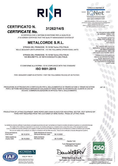 certificazione RINA rilasciata a Metalcorde srl per il sistema di gestione per la qualità